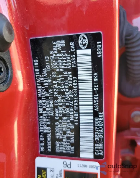 2014 Toyota Camry L из США, поврежденный, VIN 4T4BF1FK5ER348853